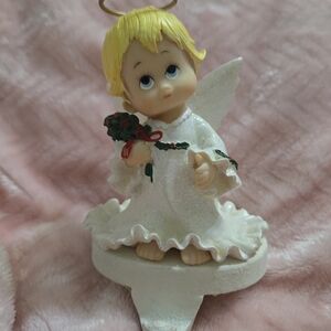 Vintage Holly Babes Angel Halo Christmas Stocking Hanger Holiday Cast Iron Base